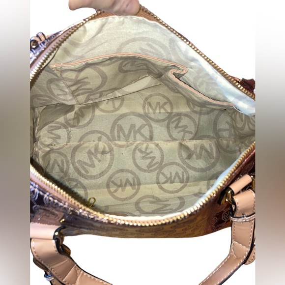 Michael Kors MK Monogrammed Shiny Gold Metallic Large Duffel Tote Purse Bag - Picture 7 of 14